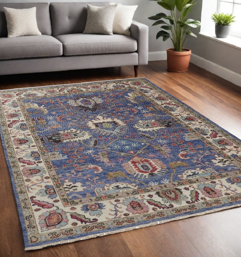 10' X 13' Blue And Red Wool Floral Hand Knotted Stain Resistant Area Rug