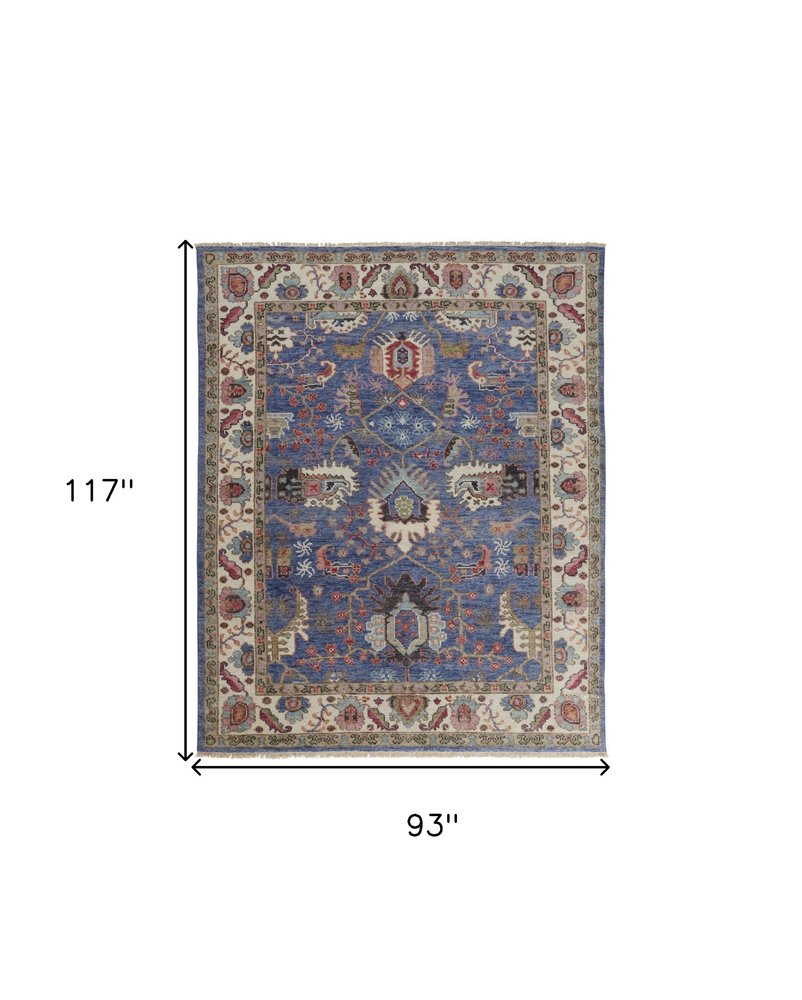 10' X 13' Blue And Red Wool Floral Hand Knotted Stain Resistant Area Rug