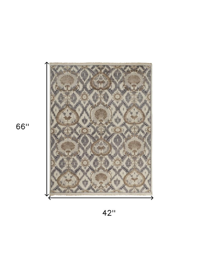 4' X 6' Gray and Ivory Wool Floral Hand Knotted Area Rug