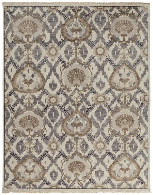 4' X 6' Gray and Ivory Wool Floral Hand Knotted Area Rug