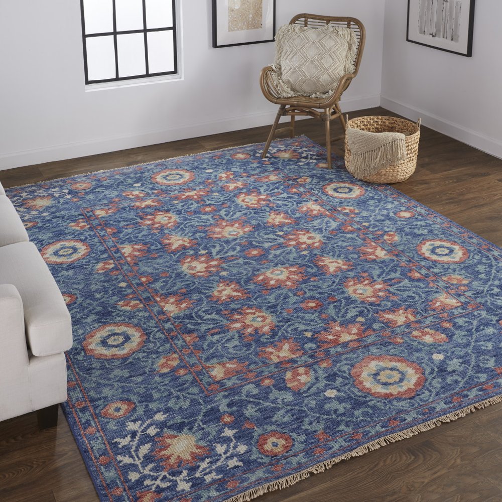 8' X 10' Blue And Red Wool Floral Hand Knotted Stain Resistant Area Rug