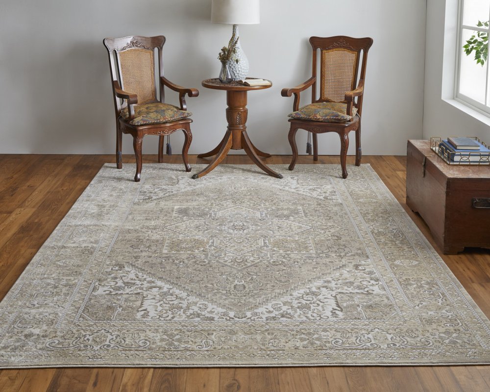 10' X 14' Brown And Ivory Medallion Distressed Area Rug