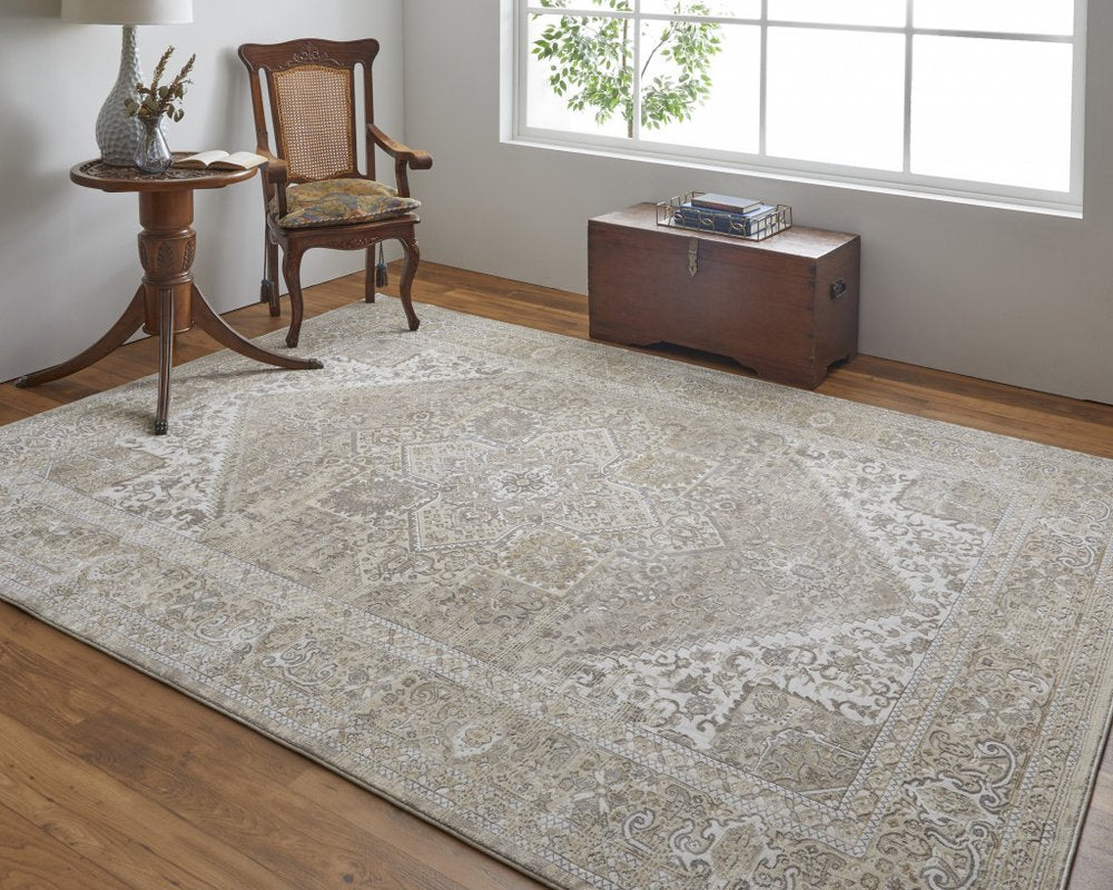 10' X 14' Brown And Ivory Medallion Distressed Area Rug