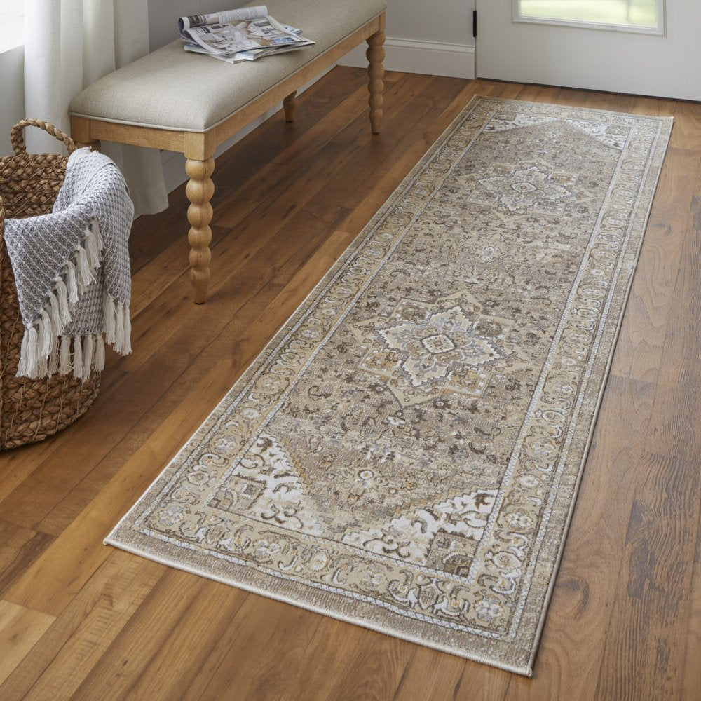 10' X 14' Brown And Ivory Medallion Distressed Area Rug