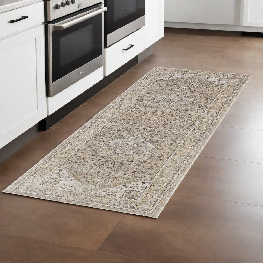 10' X 14' Brown And Ivory Medallion Distressed Area Rug