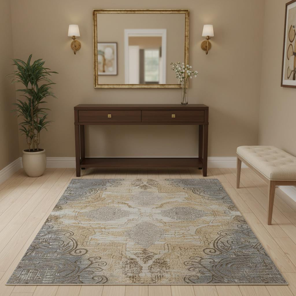 4' X 6' Tan And Gray Medallion Area Rug