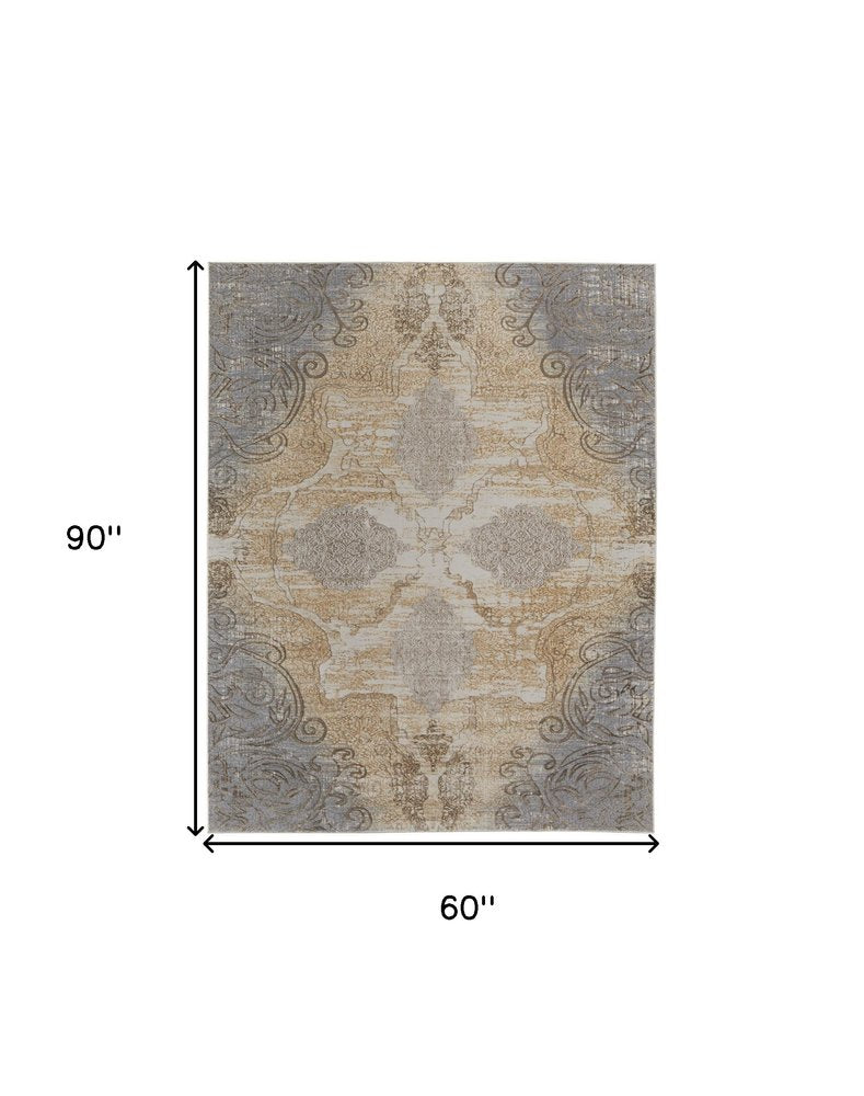 4' X 6' Tan And Gray Medallion Area Rug