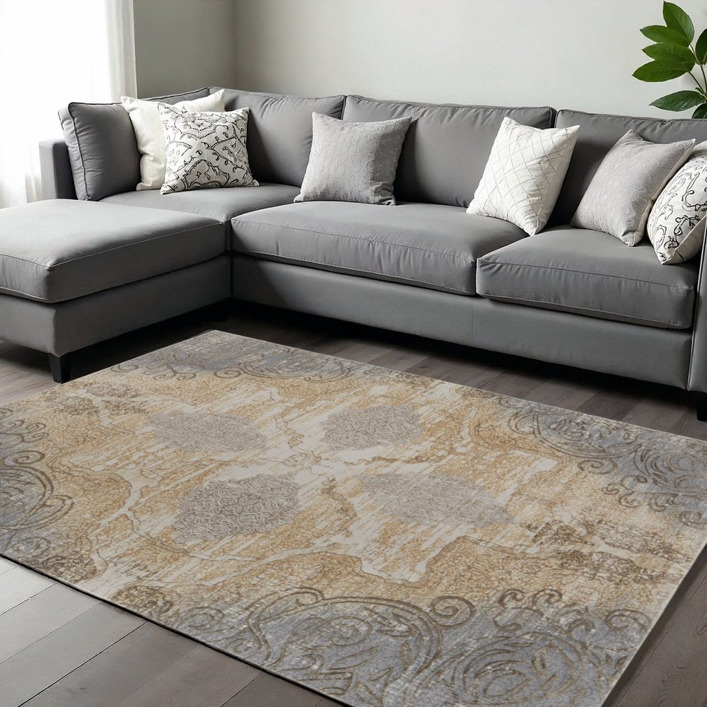 4' X 6' Tan And Gray Medallion Area Rug