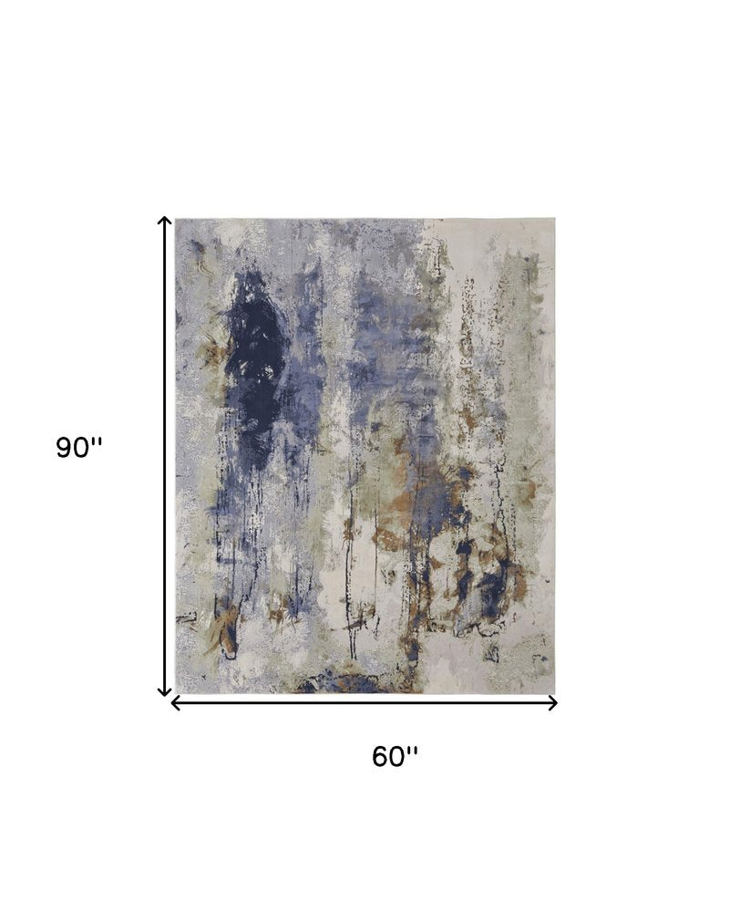 4' X 6' Blue Orange And Ivory Abstract Area Rug