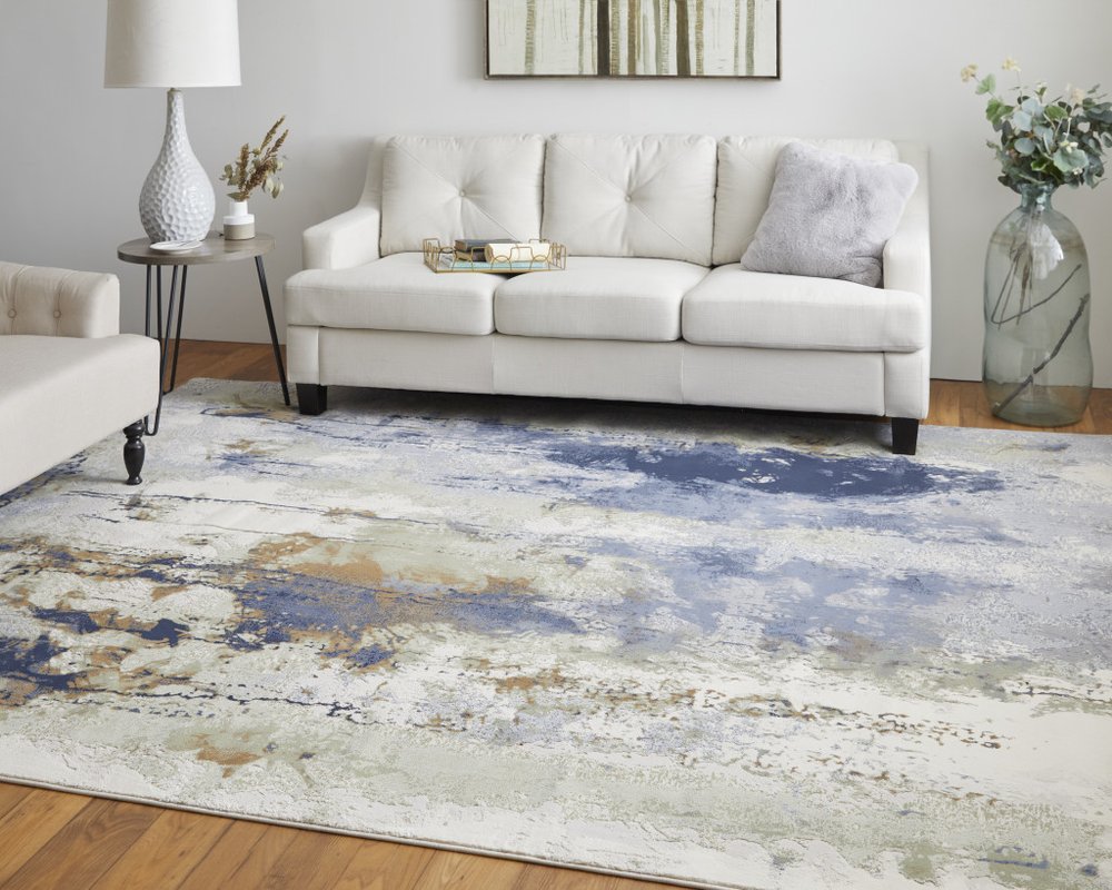 4' X 6' Blue Orange And Ivory Abstract Area Rug