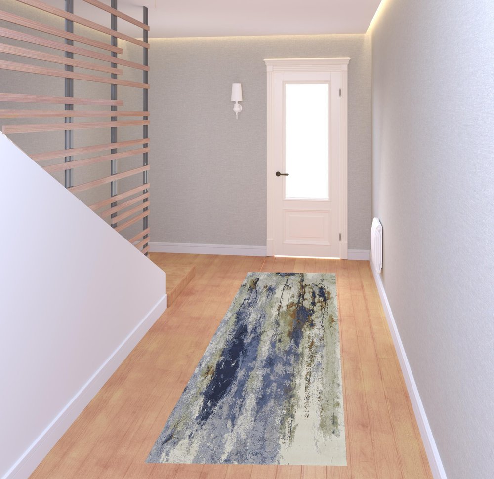 4' X 6' Blue Orange And Ivory Abstract Area Rug