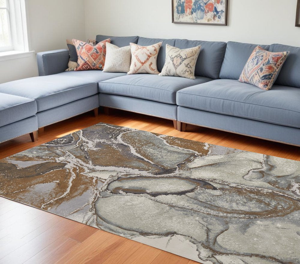 4' X 6' Gray and Brown Marble Power Loom Area Rug