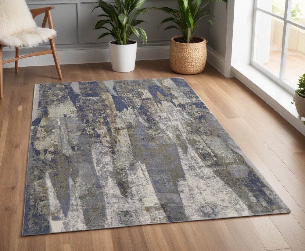 4' X 6' Blue Gray And Tan Abstract Distressed Area Rug