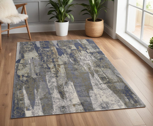 4' X 6' Blue Gray And Tan Abstract Distressed Area Rug