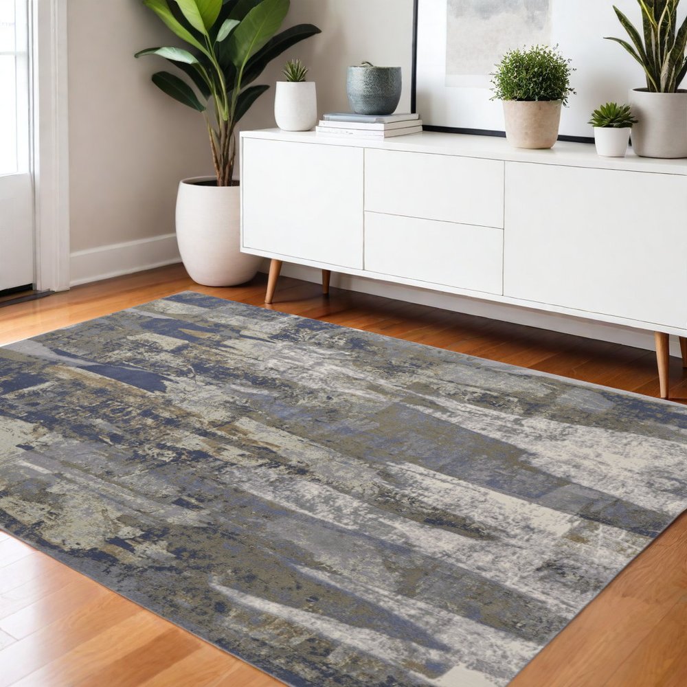 4' X 6' Blue Gray And Tan Abstract Distressed Area Rug