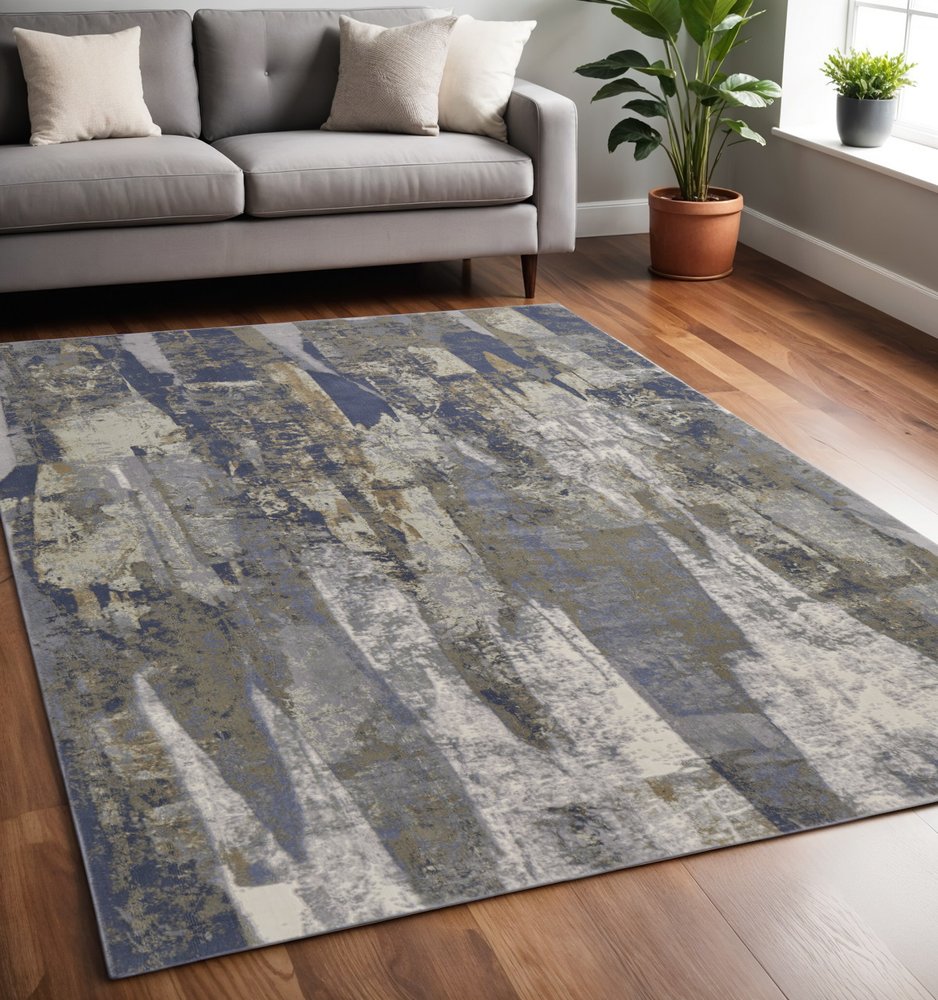 4' X 6' Blue Gray And Tan Abstract Distressed Area Rug