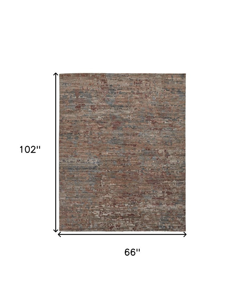 5' X 8' Red And Blue Wool Abstract Hand Knotted Area Rug