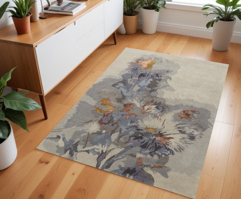 2' X 3' Blue and Gray Wool Floral Hand Tufted Area Rug