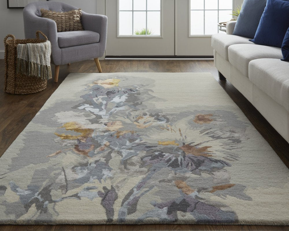 2' X 3' Blue and Gray Wool Floral Hand Tufted Area Rug