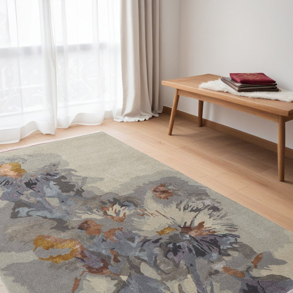 2' X 3' Blue and Gray Wool Floral Hand Tufted Area Rug