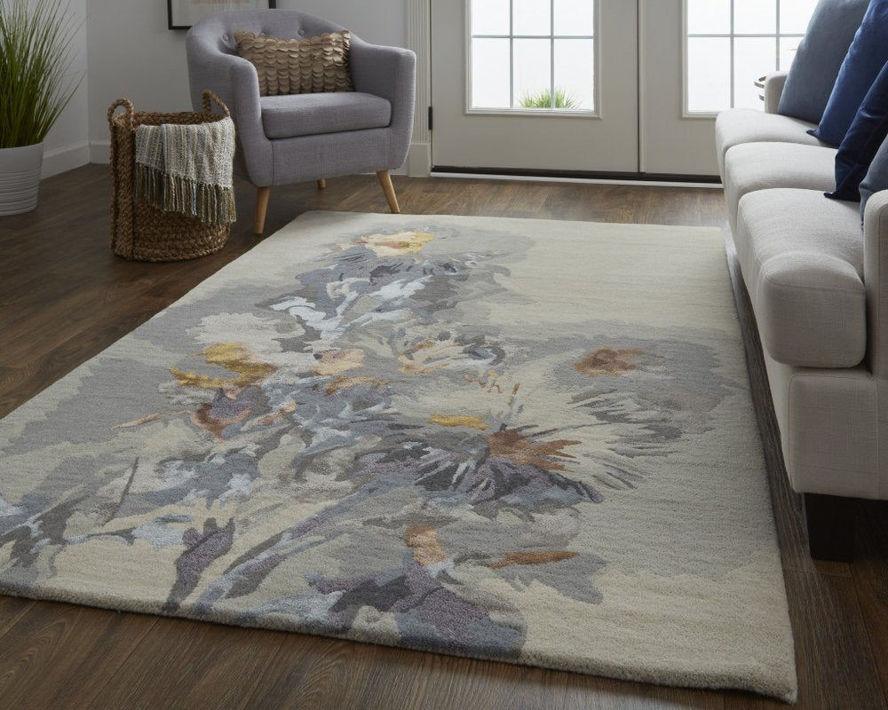2' X 3' Blue and Gray Wool Floral Hand Tufted Area Rug