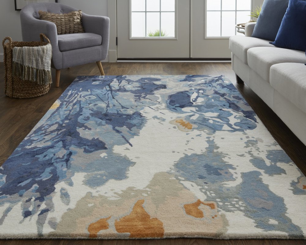 5' X 8' Blue Copper And Ivory Wool Floral Hand Tufted Area Rug