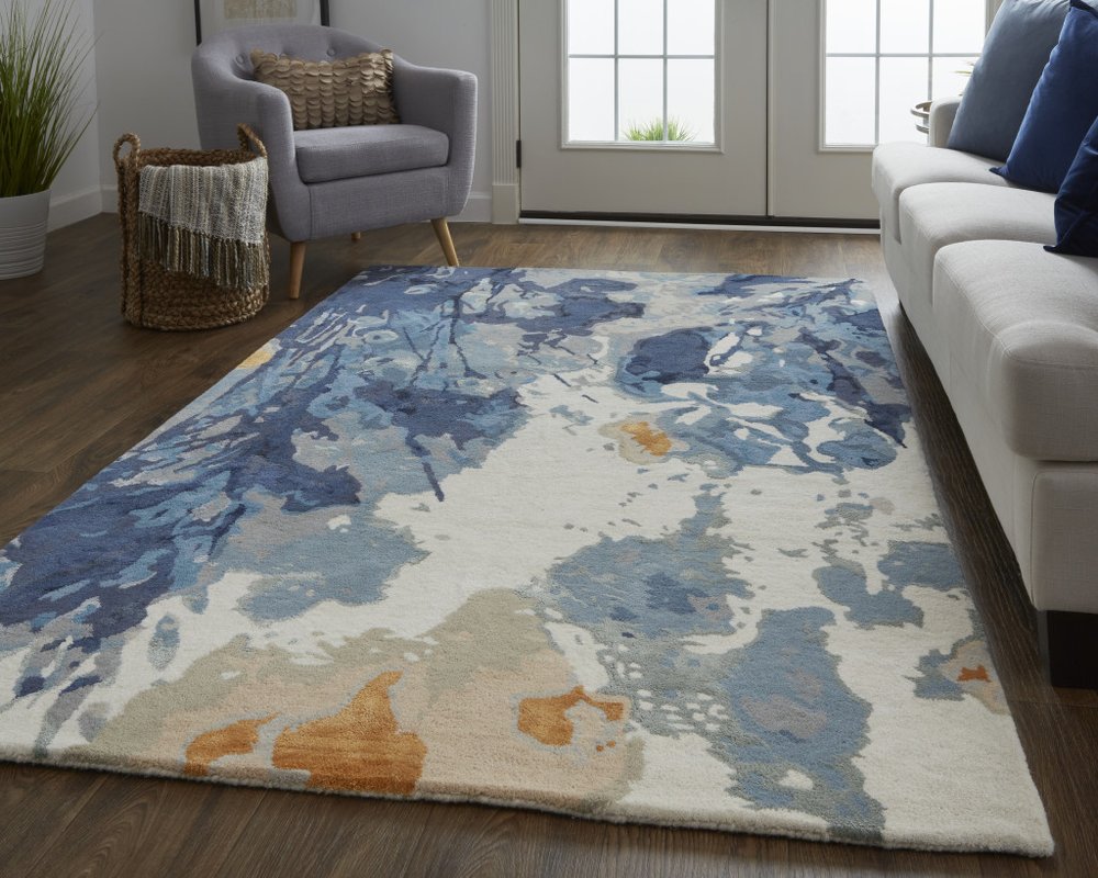 5' X 8' Blue Copper And Ivory Wool Floral Hand Tufted Area Rug
