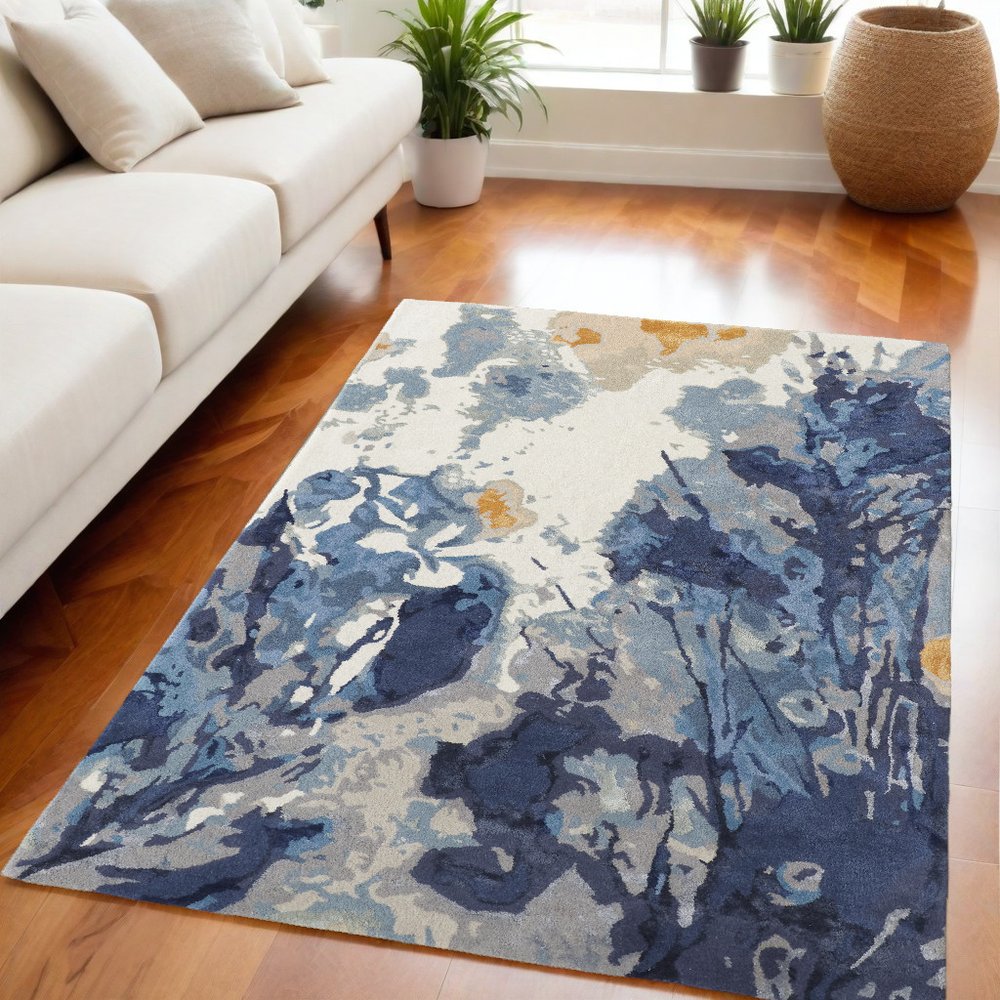 5' X 8' Blue Copper And Ivory Wool Floral Hand Tufted Area Rug