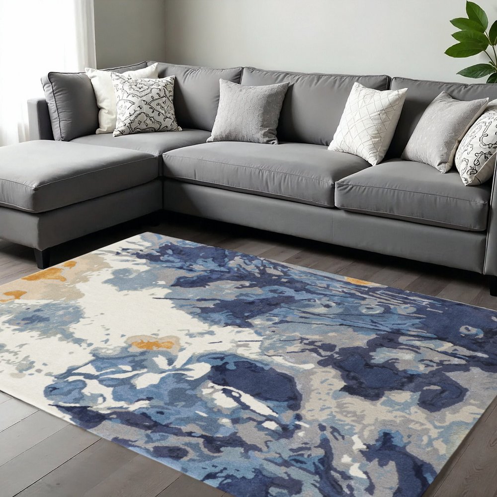 5' X 8' Blue Copper And Ivory Wool Floral Hand Tufted Area Rug