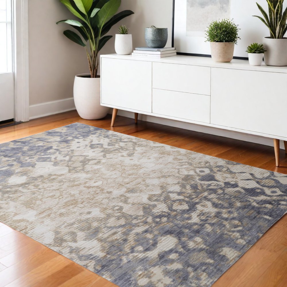 12' X 15' Ivory Tan And Blue Abstract Distressed Area Rug