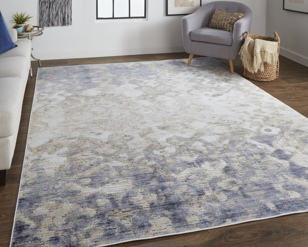 12' X 15' Ivory Tan And Blue Abstract Distressed Area Rug