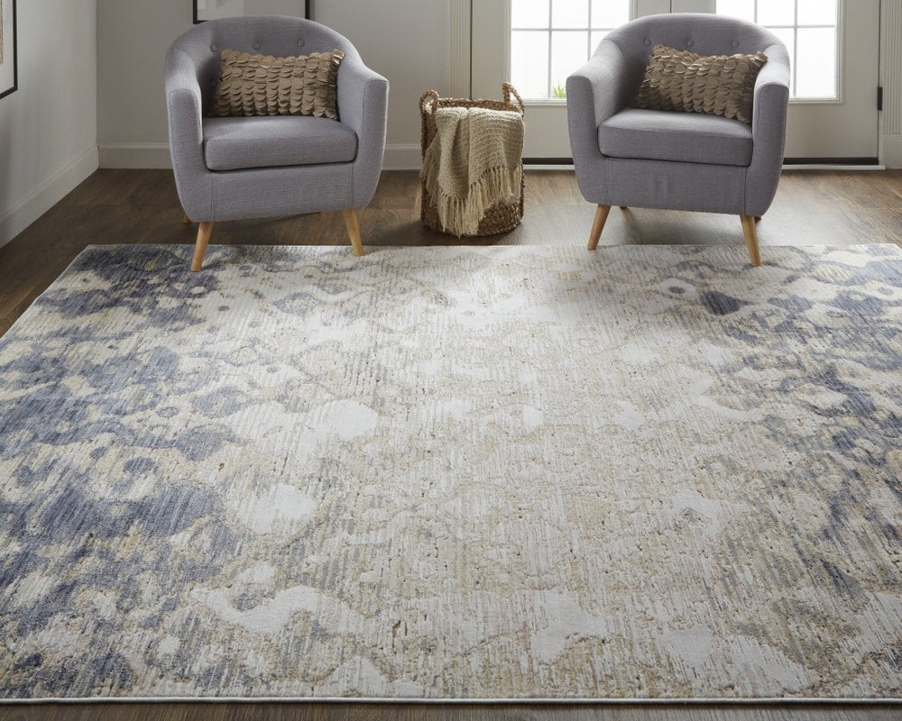 12' X 15' Ivory Tan And Blue Abstract Distressed Area Rug