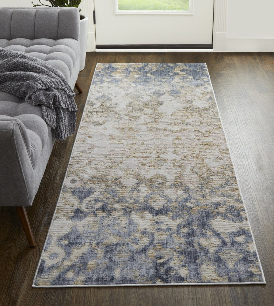 12' X 15' Ivory Tan And Blue Abstract Distressed Area Rug