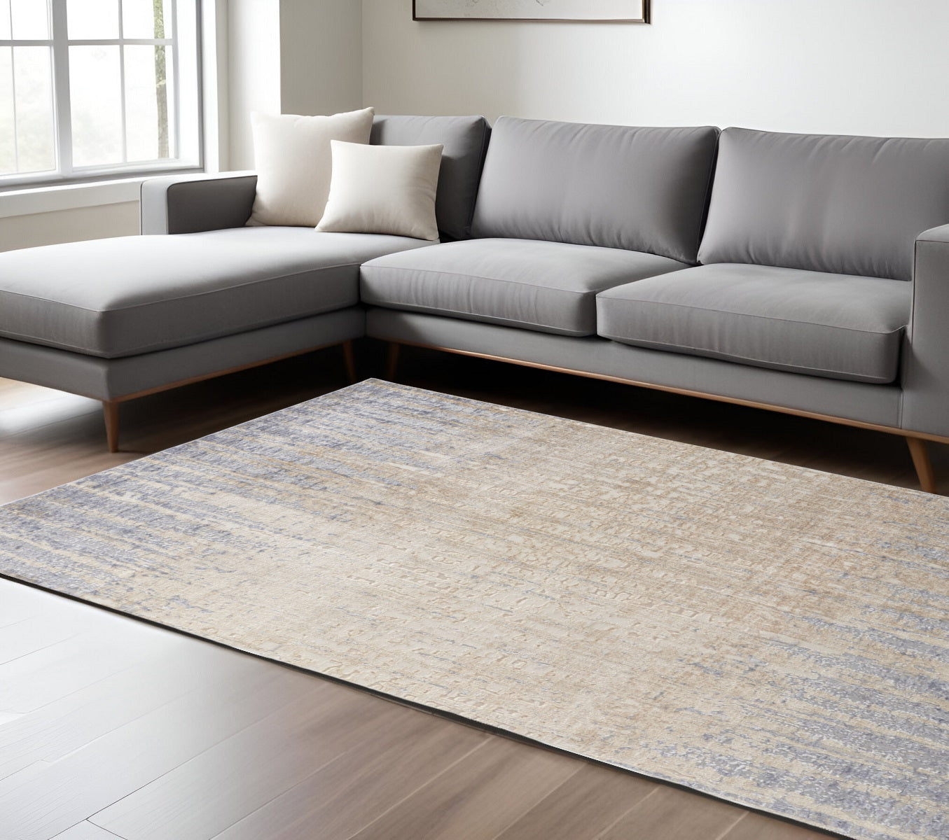4' X 6' Tan Brown And Blue Abstract Power Loom Distressed Area Rug