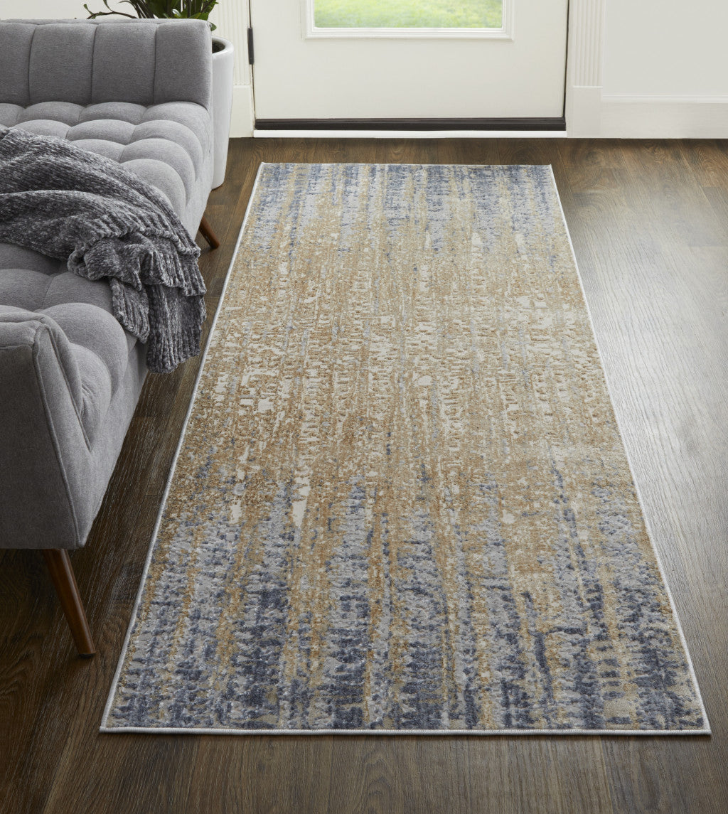 4' X 6' Tan Brown And Blue Abstract Power Loom Distressed Area Rug
