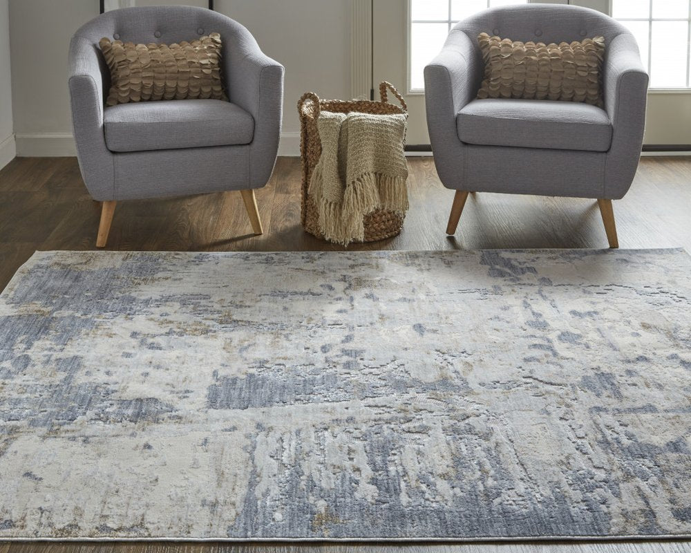 4' X 6' Ivory Gray And Blue Abstract Distressed Area Rug