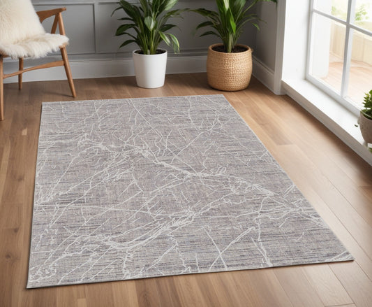 4' X 6' Gray Abstract Power Loom Distressed Area Rug