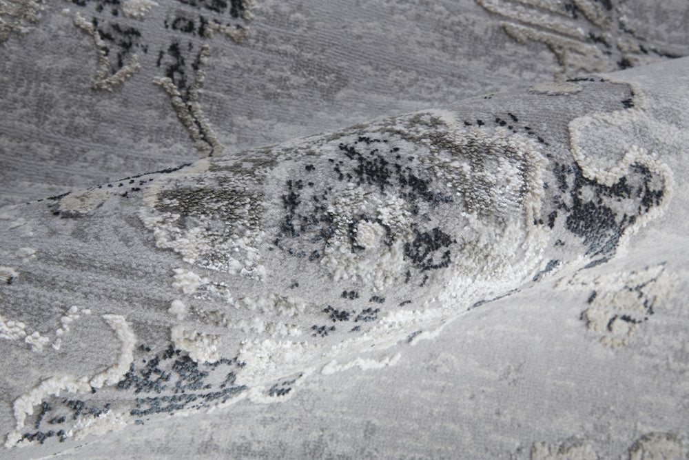 10' X 13' Silver And Black Floral Power Loom Distressed Area Rug