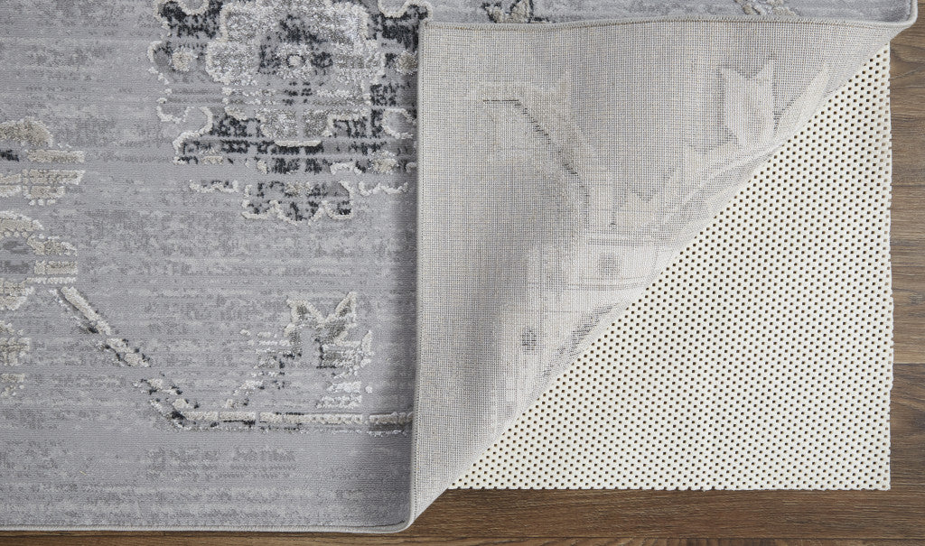 10' X 13' Silver And Black Floral Power Loom Distressed Area Rug