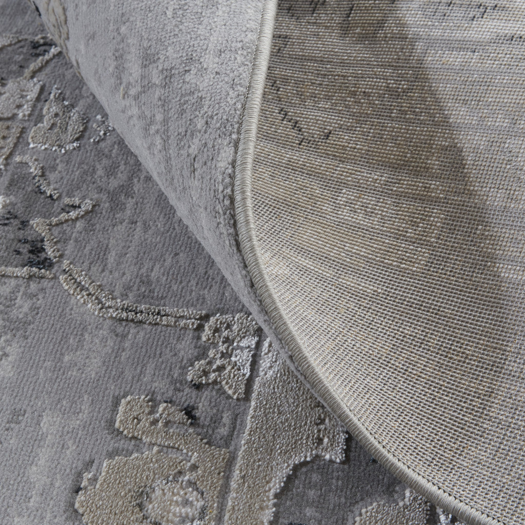 10' X 13' Silver And Black Floral Power Loom Distressed Area Rug