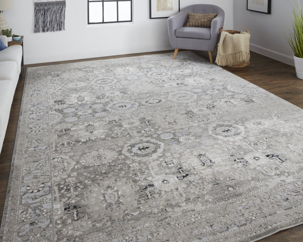 12' X 15' Gray Silver And Black Abstract Distressed Area Rug