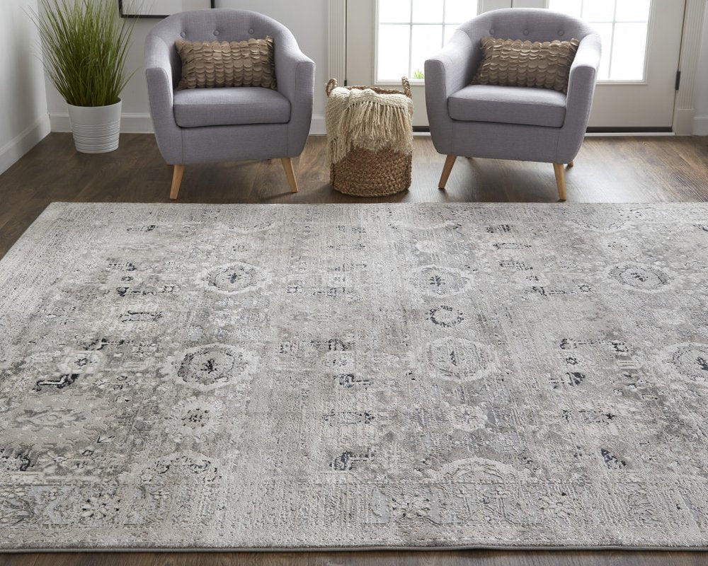 12' X 15' Gray Silver And Black Abstract Distressed Area Rug