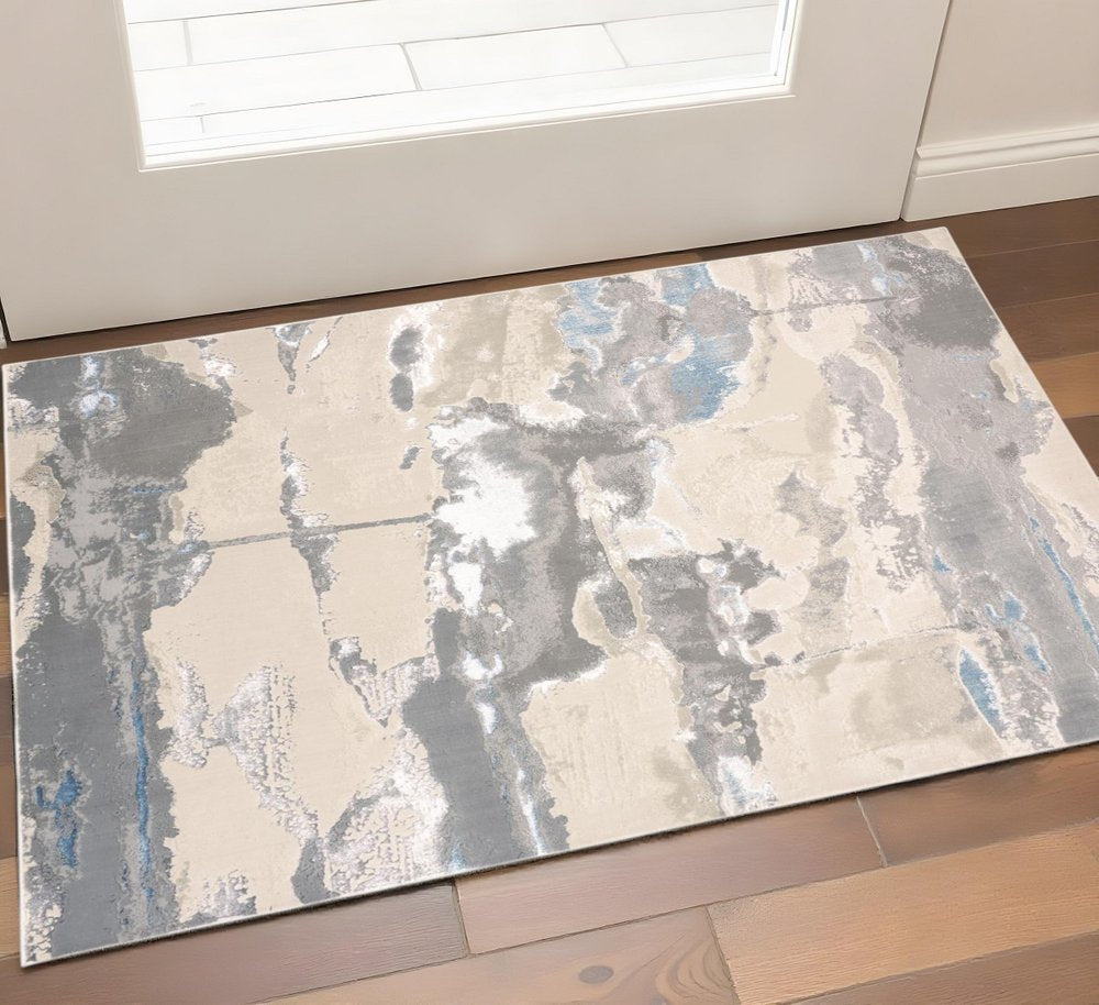 2' X 3' Gray Ivory And Blue Abstract Area Rug