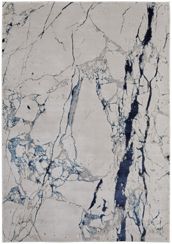 2' X 3' Ivory and Blue Marble Power Loom Distressed Area Rug