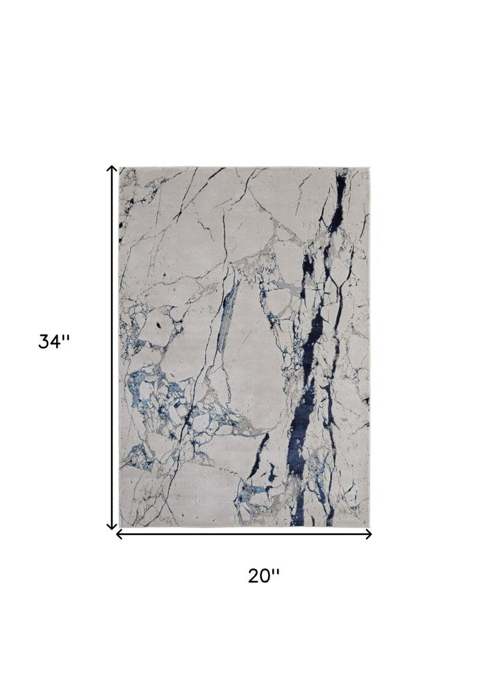 2' X 3' Ivory and Blue Marble Power Loom Distressed Area Rug