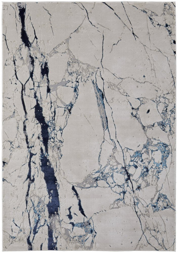 2' X 3' Ivory and Blue Marble Power Loom Distressed Area Rug