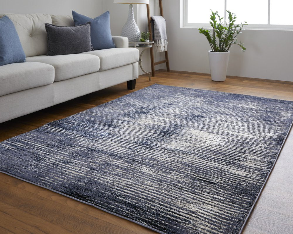 2' X 3' Blue Ivory And Gray Striped Distressed Area Rug