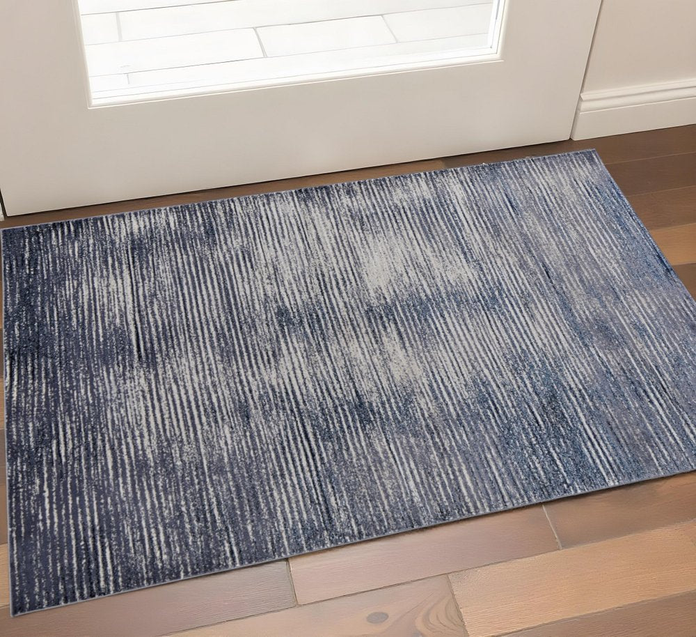 2' X 3' Blue Ivory And Gray Striped Distressed Area Rug
