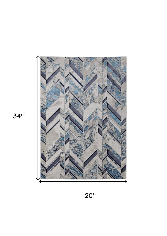 2' X 3' Ivory Blue And Gray Chevron Power Loom Distressed Area Rug