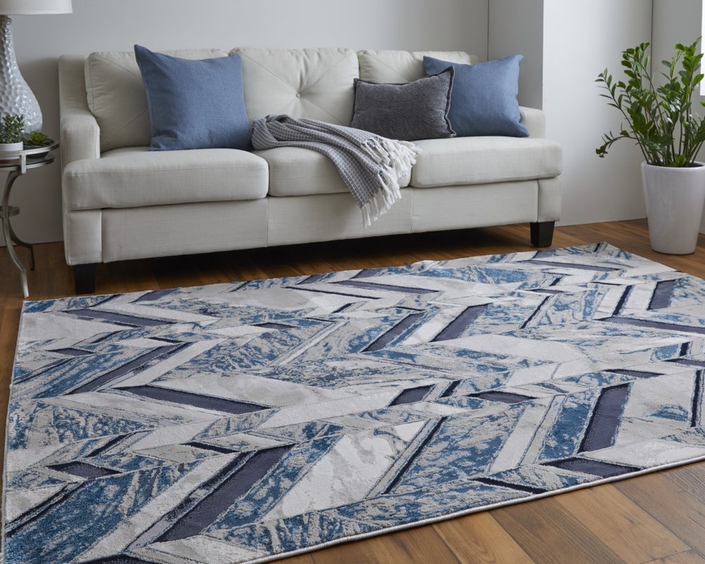 2' X 3' Ivory Blue And Gray Chevron Power Loom Distressed Area Rug